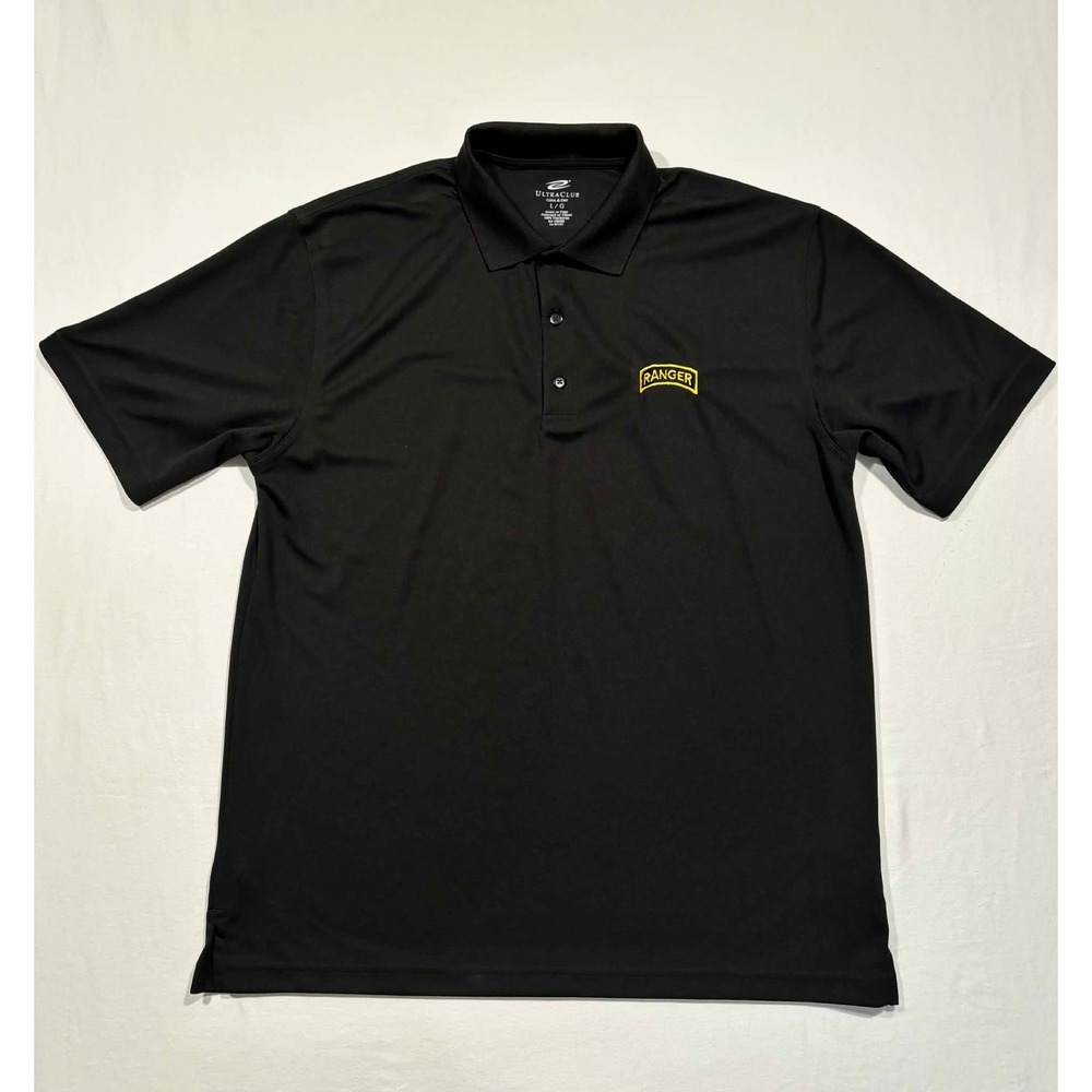 UltraClub Mens Cool & Dry Black Polo Shirt US Army Ranger Tab Embroidered Large